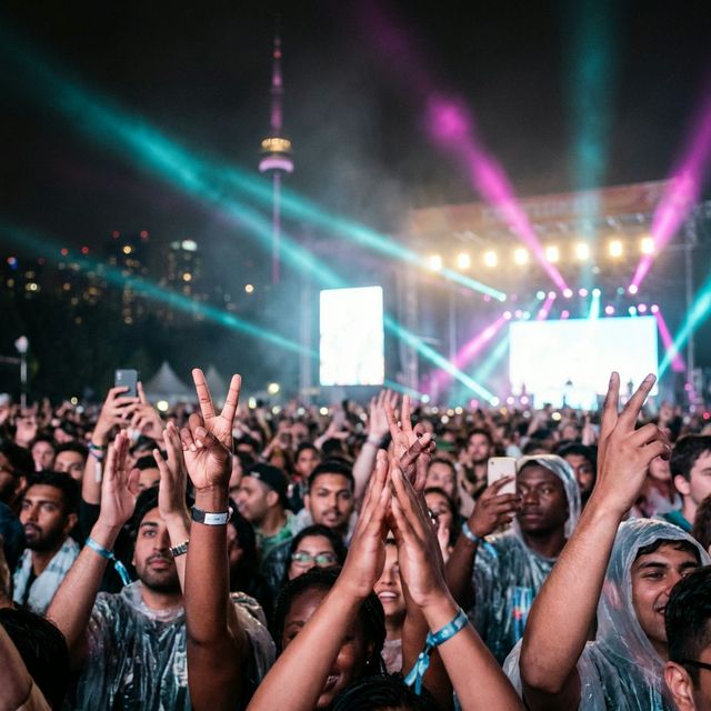 Diverse crowd at Toronto concert with stage lights and CN Tower
